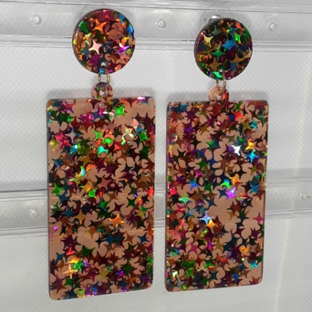 Holographic Star Confetti Drop Colorful Rectangular Rainbow Earrings